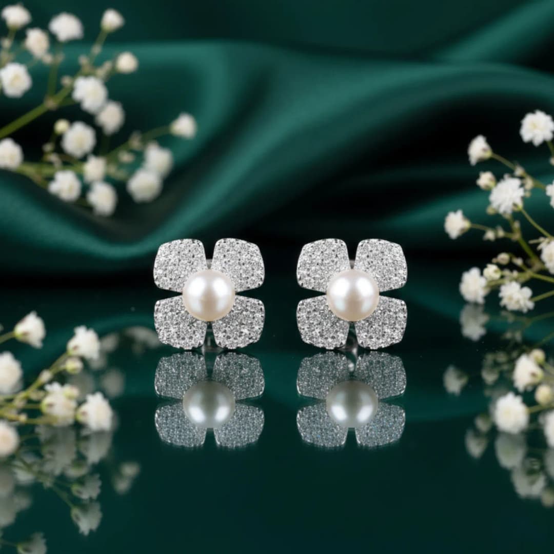 Luna Circle Pearl & CZ Silver Studs