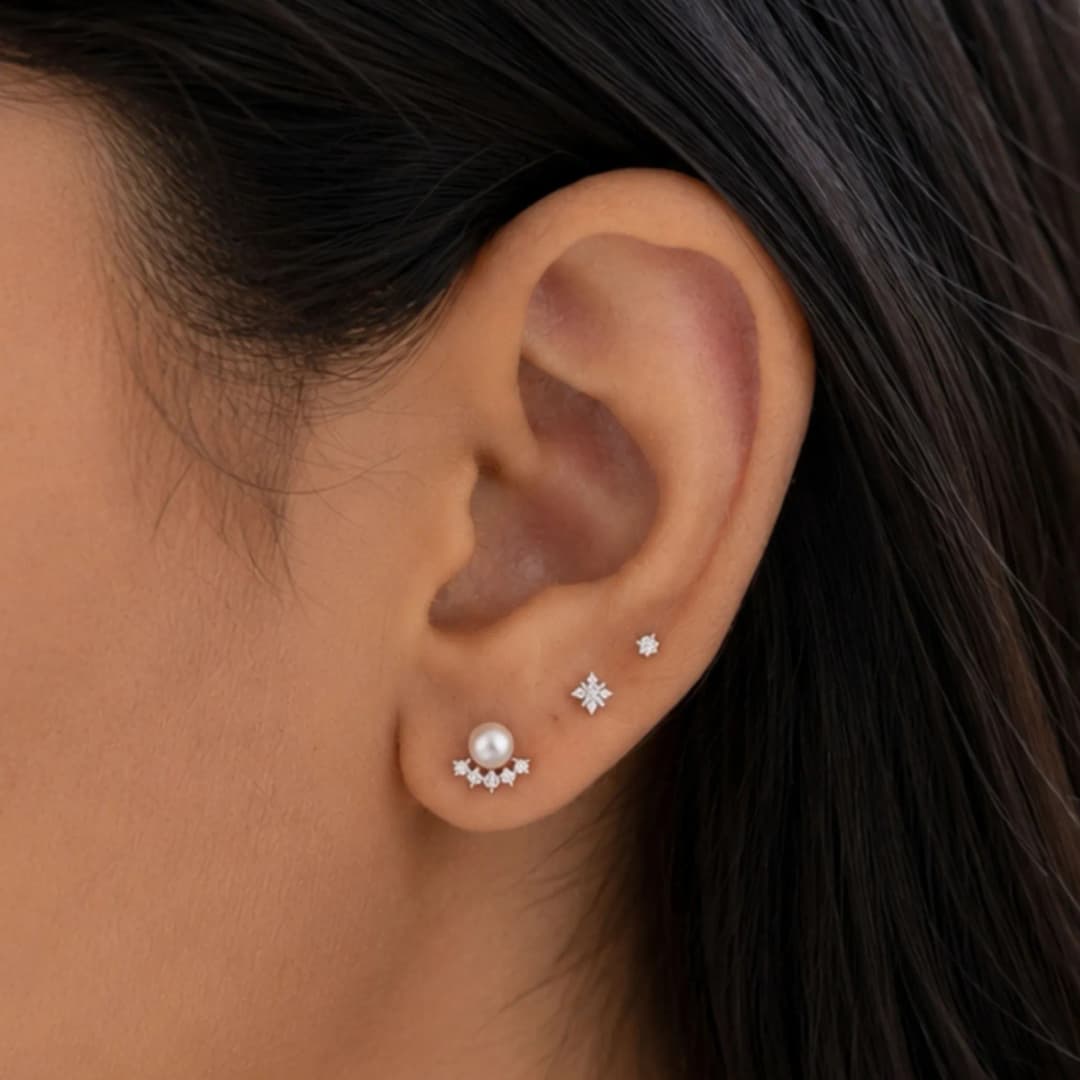Sterling Silver Earrings Set with Pearl and CZ