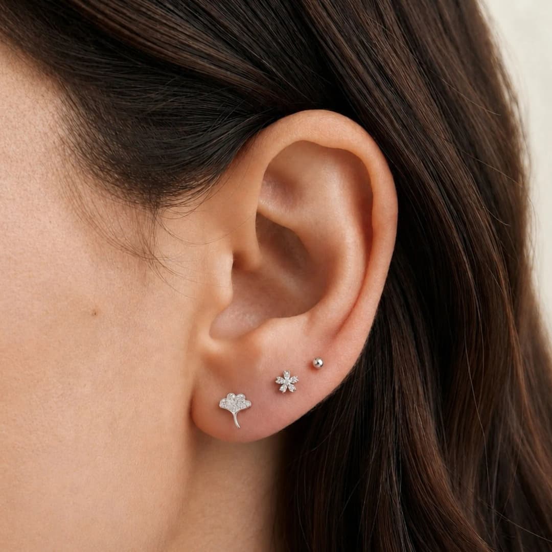 Ginkgo Leaf and Pavé Star Silver Earrings Set