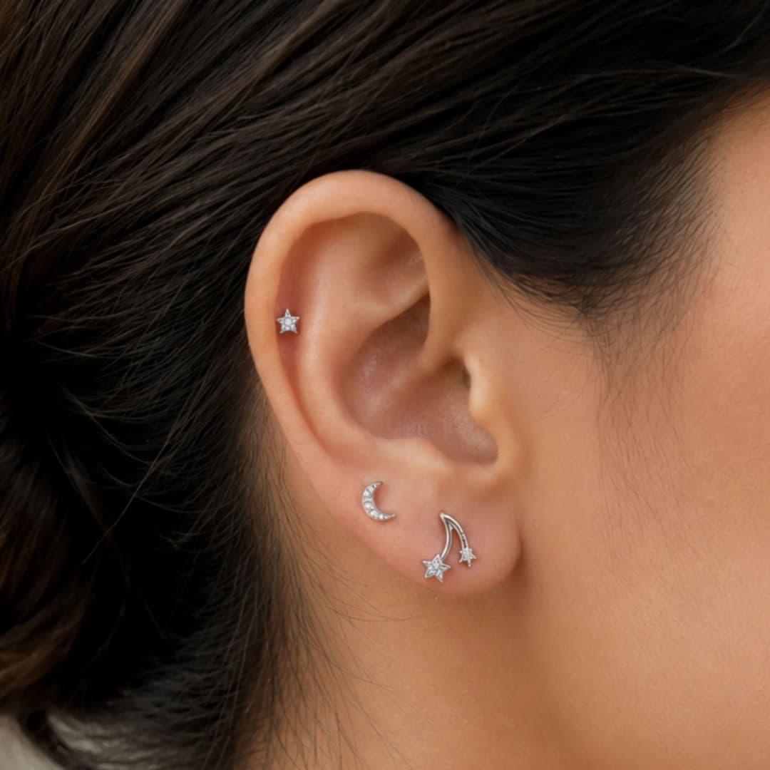 Star and Moon Celestial Silver Earring Set