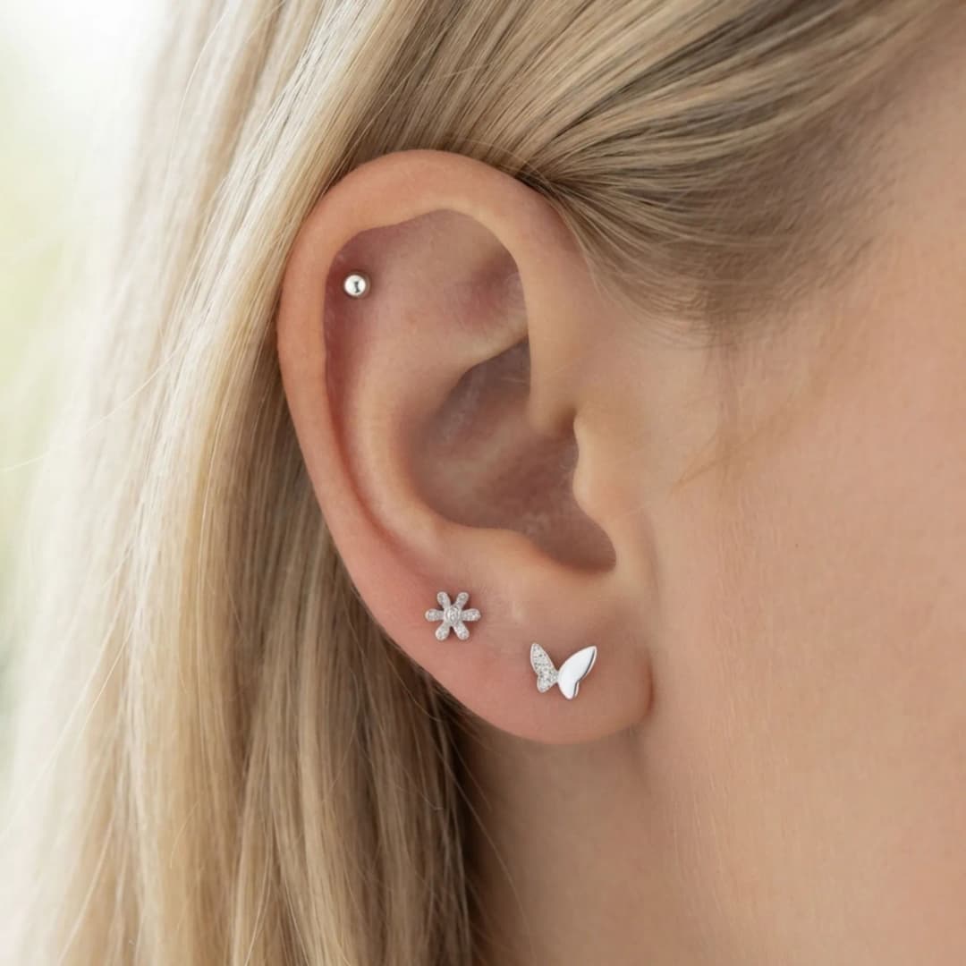 Flower and Butterfly Silver Earrings Set